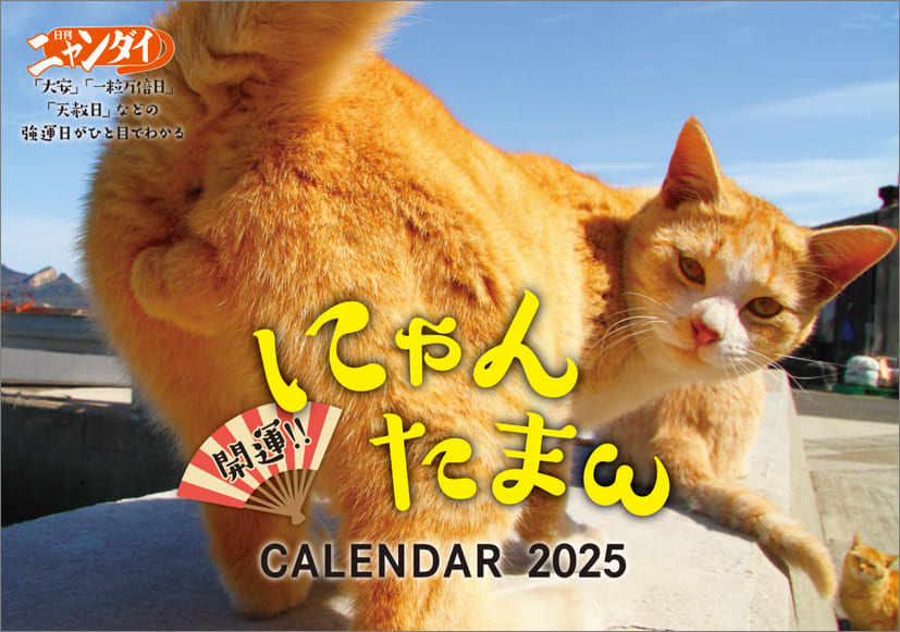 「にゃんたまカレンダー2025」の表紙です。猫のユニークなポーズをフィーチャーしており、開運の意味が込められています。