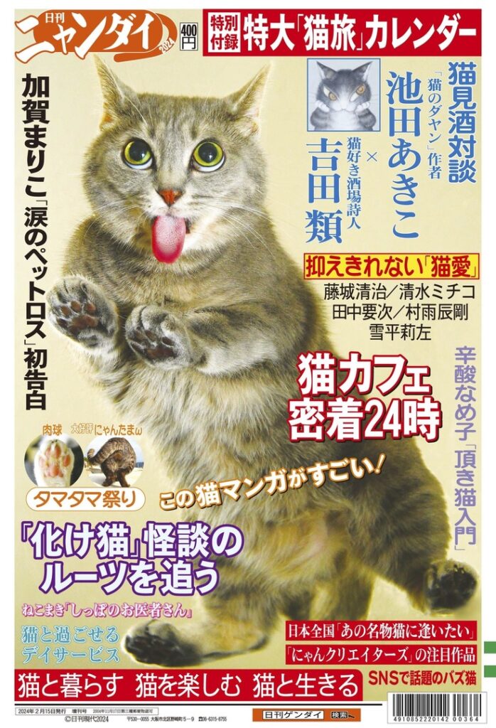 猫をテーマにした雑誌の表紙です。大きな猫の写真や、猫カフェや特集記事の見出しが目を引くデザインです。