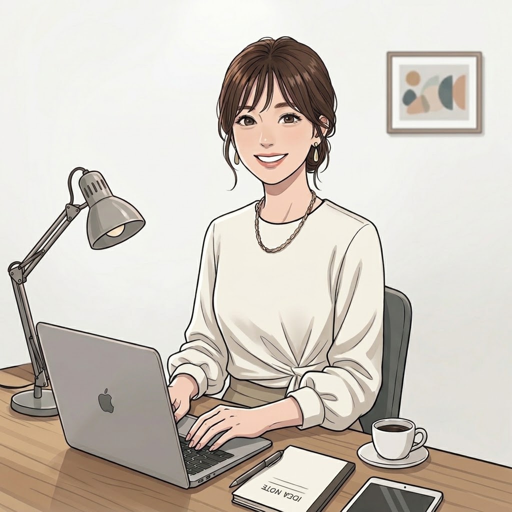 デスクでノートパソコンに向かい、笑顔でタイピングしている女性(riho)のイラスト。手元には「IDEA NOTE」と書かれたノートやコーヒーが置かれている