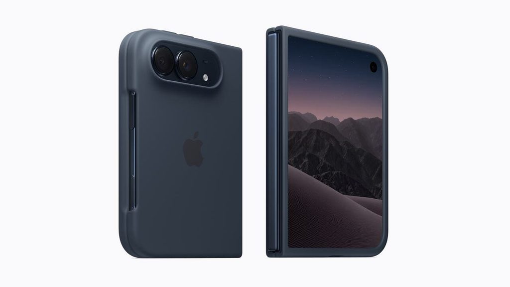 iPhone Duoにケース（ネイビーブルー）を装着した様子