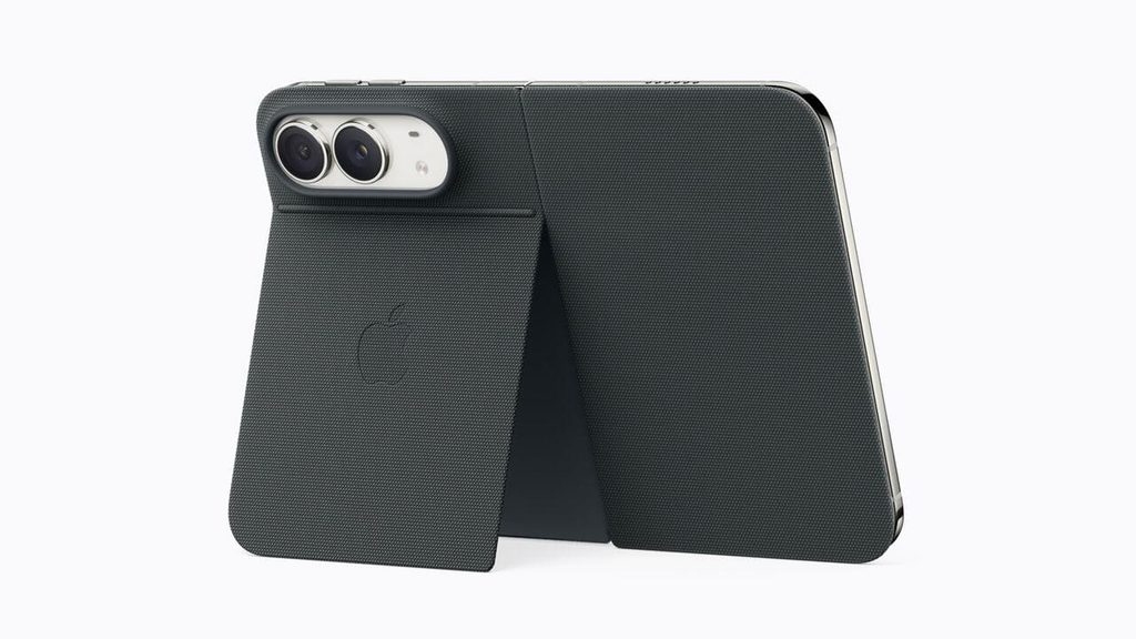 iPhone Duoにフォリオ（ネイビーブルー）を装着してスタンドとして使う様子
