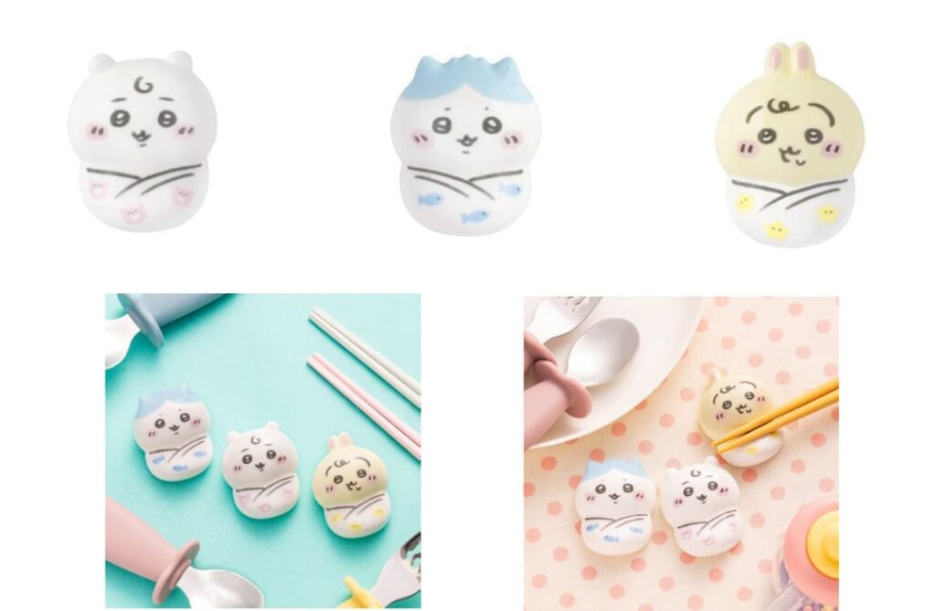 「Chiikawa Baby」の箸置き（ちいかわ、ハチワレ、うさぎのベビー姿）の商品画像。正面の姿と、実際にカトラリーと組み合わせた使用シーンが掲載されています。