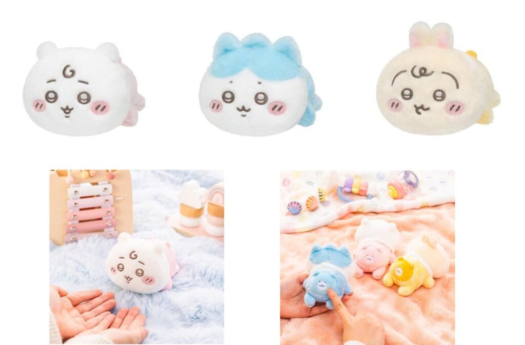 「Chiikawa Baby」のおむつを履いたベビー姿のぬいぐるみ「おむつ姿の赤ちゃんぬいぐるみ」の商品画像。正面の頭部アップと、ブランケットの上で手が触れている使用シーンのイメージ写真が掲載されています。