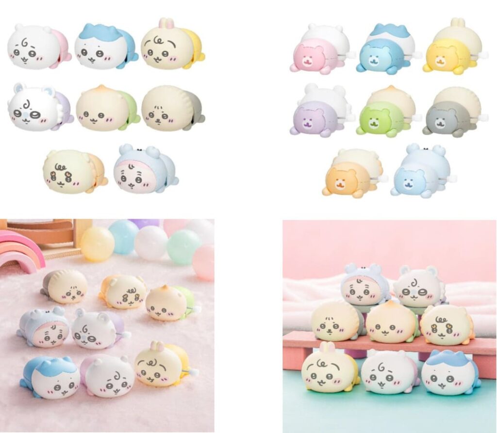 「Chiikawa Baby」のゼンマイ式トイ「トコトコゼンマイ」の商品画像。ちいかわ、ハチワレ、うさぎなどのベビー姿が並んだ正面図と、パステルカラーの背景に置かれたイメージ写真が掲載されています。
