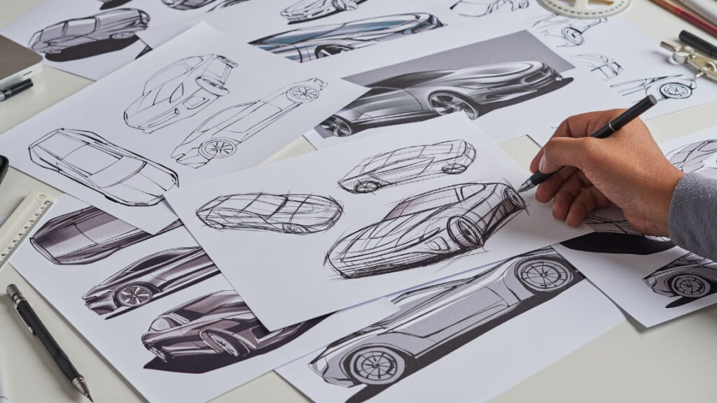 机の上に複数枚広げられた自動車のデザイン画と、ペンを持ってスケッチを描き進めている人物の手。