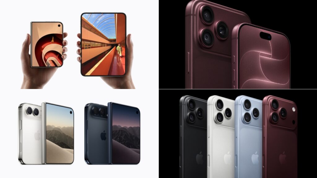 Apple製の折りたたみ式スマートフォン（コンセプト）とiPhoneの画像を4枚組み合わせたコラージュ画像です。左側には折りたたみ式スマートフォンの使用イメージと白・黒の外観が、右側にはバーガンディ色のiPhoneのカメラ周りのクローズアップと、4色（ブラック、シルバー、ライトブルー、バーガンディ）の背面を並べた様子が配置されています。